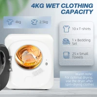 HOMCOM 4kg Vented Tumble Dryer with Deodorize, Smart Mode, 800W Compact Tumble Dryer with Stainless Steel Tub, Front Load, for Flat, Home, RVs, White(m-5)