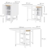 HOMCOM Mesa Dobrável com Asas Dobráveis Mesa de Cozinha com 2 Rodas e Prateleiras Estilo Moderno 120x60x75 cm Branco(m-3)