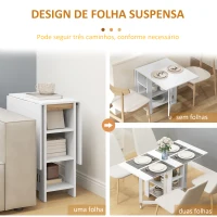 HOMCOM Mesa Dobrável com Asas Dobráveis Mesa de Cozinha com 2 Rodas e Prateleiras Estilo Moderno 120x60x75 cm Branco(m-5)