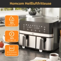 HOMCOM Heißluftfriteuse Friteuse, 2700 W, 8 Einstellungen, 41,8 cm x 39,2 cm x 31,1 cm, Schwarz + Silber(m-6)