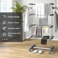 HOMCOM Four-Shelf Collapsing Clothes Horse, With Side Arms and Wheels - Grey(m-8)