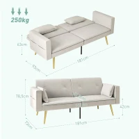 HOMCOM 2-osobowa sofa do spania, regulowane oparcie, miękkie poduszki, pokrycie w wyglądzie aksamitu, do salonu, pokoju gościnnego, Beżowy(m-3)