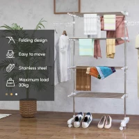 HOMCOM Four-Shelf Collapsing Clothes Horse, With Side Arms and Wheels - White(m-8)