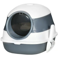 PawHut Caixa de Areia para Gatos Dobrável Caixa de Areia para Gatos Fechada com Pá 52x41x38 cm Branco e Cinza(m-11)