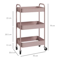 HOMCOM Cărucior de Bucătărie cu 3 Nivele, Mânere și 4 Roți, 45x30,6x79 cm, Roz(m-3)