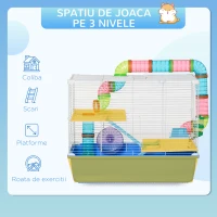 PawHut Cușcă pentru Hamsteri cu 3 Nivele, Tub, Roată de Alergat, Sticlă de Apă și Bol de Mancare, 59x36x47 cm, Albastru(m-4)