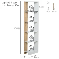 HOMCOM Scaffale Libreria a Parete in Legno Color Rovere e Bianco con 5 Ripiani, Antiribaltamento, 45 x 21 x 170cm(m-3)
