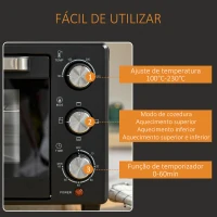 HOMCOM Mini Forno Elétrico 21L 1400W com Temporizador até 60min e Temperatura Ajustável até 230℃ 46x38,5x29 cm Preto(m-7)