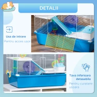PawHut Cușcă pentru Hamsteri cu 3 Nivele, Tub, Roată de Alergat, Sticlă de Apă și Bol de Mancare, 59x36x47 cm, Albastru(m-6)