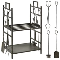 Outsunny Suporte para Lenha de Ferro Forjado de 2 Níveis com 4 Ferramentas para Interior e Exterior 51,5x33x77 cm Preto e Dourado(m-1)
