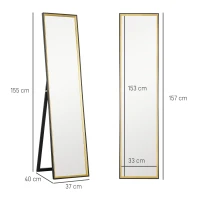 HOMCOM Oglindă de Podea Înaltă cu Suport Posterior și Ramă, Oglindă de Perete din MDF și Sticlă, 37x3x157 cm, Auriu(m-3)