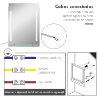 kleankin Espelho Casa de Banho com Luzes LED 70x50 cm Interruptor Tátil Iluminação Ajustável Função de Memória e Prateleira de Vidro Prata(m-6)