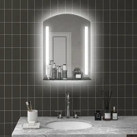 kleankin Espelho Casa de Banho com Luzes LED 70x50 cm Interruptor Tátil Iluminação Ajustável Função de Memória e Prateleira de Vidro Prata(m-7)