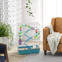 PawHut 6-poziomowa klatka dla chomików z rurkami, tunelami, chatką, kołem biegowym, miseczką na pokarm, butelką na wodę, rampami, Jasnoniebieski(m-2)