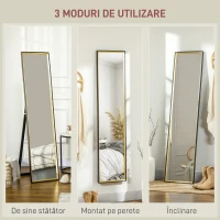 HOMCOM Oglindă de Podea Înaltă cu Suport Posterior și Ramă, Oglindă de Perete din MDF și Sticlă, 37x3x157 cm, Auriu(m-5)