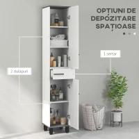 HOMCOM Coloană de Baie Modernă cu Sertar, 2 Dulapuri, 2 Uși și Rafturi Reglabile, Mobilier de Baie, 34x34x190 cm, Alb(m-4)