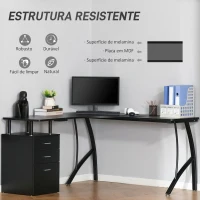 HOMCOM Secretária de Canto para Computador Mesa em Formato de L com 3 Gavetas  143,5x143,5x76cm Preto(m-5)
