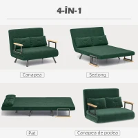 HOMCOM Canapea Pat de 2 Locuri cu Spătar Reglabil pe 5 Nivele, Canapea Pat Pliabilă cu 2 Perne, 102x73x81 cm, Verde(m-4)