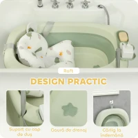 AIYAPLAY Cadă de Baie Pliabilă pentru Nou-Născuți 0-3 ani cu Pernă Rafturi și Fund Antiderapant, 86x53x25,5 cm, Verde(m-6)