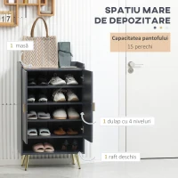 HOMCOM Dulap de pantofi modern cu 4 niveluri, cu 2 usi si rafturi reglabile pentru pana la 15 pantofi, din PAL si otel, 60x33x100 cm, gri si auriu(m-4)