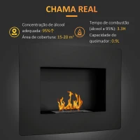 HOMCOM Lareira de Bioetanol de Parede com Depósito de 0,9L Tempo de Combustão 3,3H para Interiores 15-20 m² 66x16x52 cm Preto(m-4)