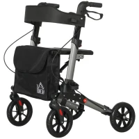HOMCOM Cadru de Mers Pliabil cu 4 Roți, Scaun, Spătar și Înălțime Reglabilă, din Aluminiu, 63x67x80-93 cm, Negru(m-10)
