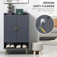 HOMCOM Dulap de pantofi modern cu 4 niveluri, cu 2 usi si rafturi reglabile pentru pana la 15 pantofi, din PAL si otel, 60x33x100 cm, gri si auriu(m-6)
