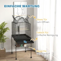 PawHut Mobilna klatka dla kanarków i falistych, z dolną półką, metalowa siatka, Czarna(m-7)