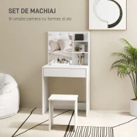 HOMCOM Masă de Toaletă/Machiaj cu 3 Rafturi, Sertare, Oglindă și Taburet, 75x40x137 cm, Alb(m-4)