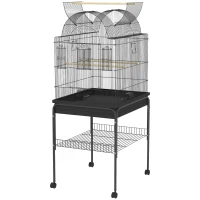 PawHut Mobilna klatka dla kanarków i falistych, z dolną półką, metalowa siatka, Czarna(m-1)
