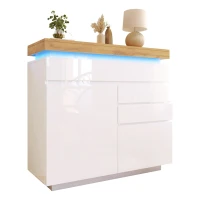 High-Gloss Chest of Drawers with 2 Doors and 3 Drawers, Sideboard Cabinet with App-Controlled LED Lighting, 110L x 39W x 115H cm, White(m-13)