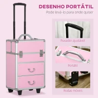 HOMCOM Mala de Maquilhagem Professional com Rodas 6 Gavetas Extensíveis Fechadura 2 Chaves e Alça Retrátil 36x23x58 cm Rosa(m-5)