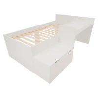Kids Single Bed with Desk and Storage Drawers, Solid Wood Bed Frame, 195L x 137W x 82.5H cm, White(m-11)