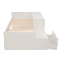 Kids Single Bed with Desk and Storage Drawers, Solid Wood Bed Frame, 195L x 137W x 82.5H cm, White(m-2)