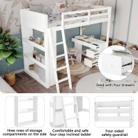 4-Step Ladder Bunk Bed with Drawers and Shelves, Study Space, Safety Guardrails, Versatile Bed for Teenagers, 195L x 131W x 170H cm, White(m-5)