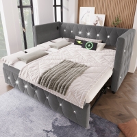 Velvet Upholstered Daybed with USB and Type C Ports, Pull-Out Trundle, Elegant Single Sofa Bed for Bedroom, 203L x 101-194W x 76H cm, Grey