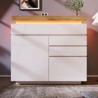 High-Gloss Chest of Drawers with 2 Doors and 3 Drawers, Sideboard Cabinet with App-Controlled LED Lighting, 110L x 39W x 115H cm, White(m-9)