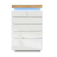 High-Gloss Storage Cabinet with 6 Drawers, LED lighting Chest of Drawers for Bedroom, Living Room, 73L x 39W x 115H cm, White(m-2)