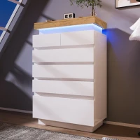 High-Gloss Storage Cabinet with 6 Drawers, LED lighting Chest of Drawers for Bedroom, Living Room, 73L x 39W x 115H cm, White(m-1)