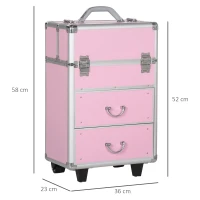 HOMCOM Mala de Maquilhagem Professional com Rodas 6 Gavetas Extensíveis Fechadura 2 Chaves e Alça Retrátil 36x23x58 cm Rosa(m-3)