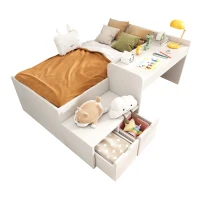 Kids Single Bed with Desk and Storage Drawers, Solid Wood Bed Frame, 195L x 137W x 82.5H cm, White(m-12)