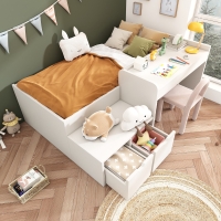 Kids Single Bed with Desk and Storage Drawers, Solid Wood Bed Frame, 195L x 137W x 82.5H cm, White