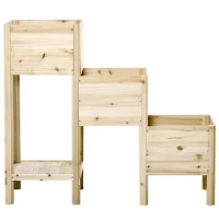Outsunny Hochbeet 3 Etagen aus Holz mit Ablageboden & 3 Entwässerungslöchern für Garten Balkon Natur 125 x 45 x 108 cm(m-20)
