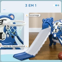 AIYAPLAY Escorrega para Crianças 2 em 1 com 2 Degraus Cesta de Basquetebol e Desenho de Tigre para Interior 133x60x70 cm Azul(m-4)
