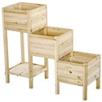 Outsunny Hochbeet 3 Etagen aus Holz mit Ablageboden & 3 Entwässerungslöchern für Garten Balkon Natur 125 x 45 x 108 cm(m-19)
