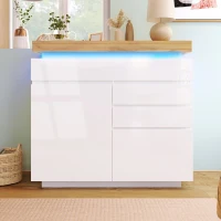High-Gloss Chest of Drawers with 2 Doors and 3 Drawers, Sideboard Cabinet with App-Controlled LED Lighting, 110L x 39W x 115H cm, White(m-1)