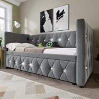 Velvet Upholstered Daybed with USB and Type C Ports, Pull-Out Trundle, Elegant Single Sofa Bed for Bedroom, 203L x 101-194W x 76H cm, Grey(m-10)