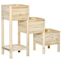 Outsunny Hochbeet 3 Etagen aus Holz mit Ablageboden & 3 Entwässerungslöchern für Garten Balkon Natur 125 x 45 x 108 cm(m-21)
