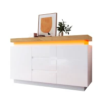 High-Gloss Chest of Drawers with 2 Doors and 3 Drawers, Sideboard Cabinet with App-Controlled LED Lighting, 140L x 39W x 81H cm, White(m-12)