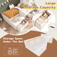 Kids Single Bed with Desk and Storage Drawers, Solid Wood Bed Frame, 195L x 137W x 82.5H cm, White(m-5)